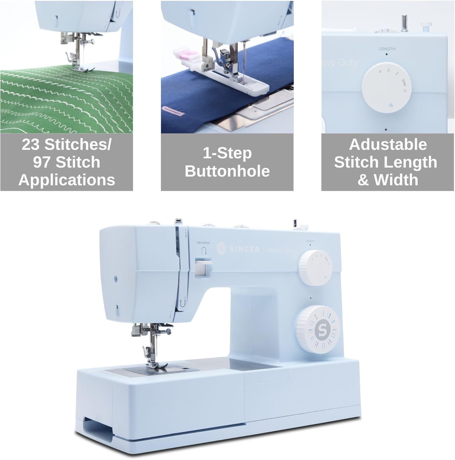 SINGER Heavy Duty 4423 Meltwater Blue High Speed Sewing Machine with Accessory Kit | Strong Motor with Enhanced Piercing Power, 97 Stitch Applications, Full Metal Frame, 1-Step Buttonhole & LED Light