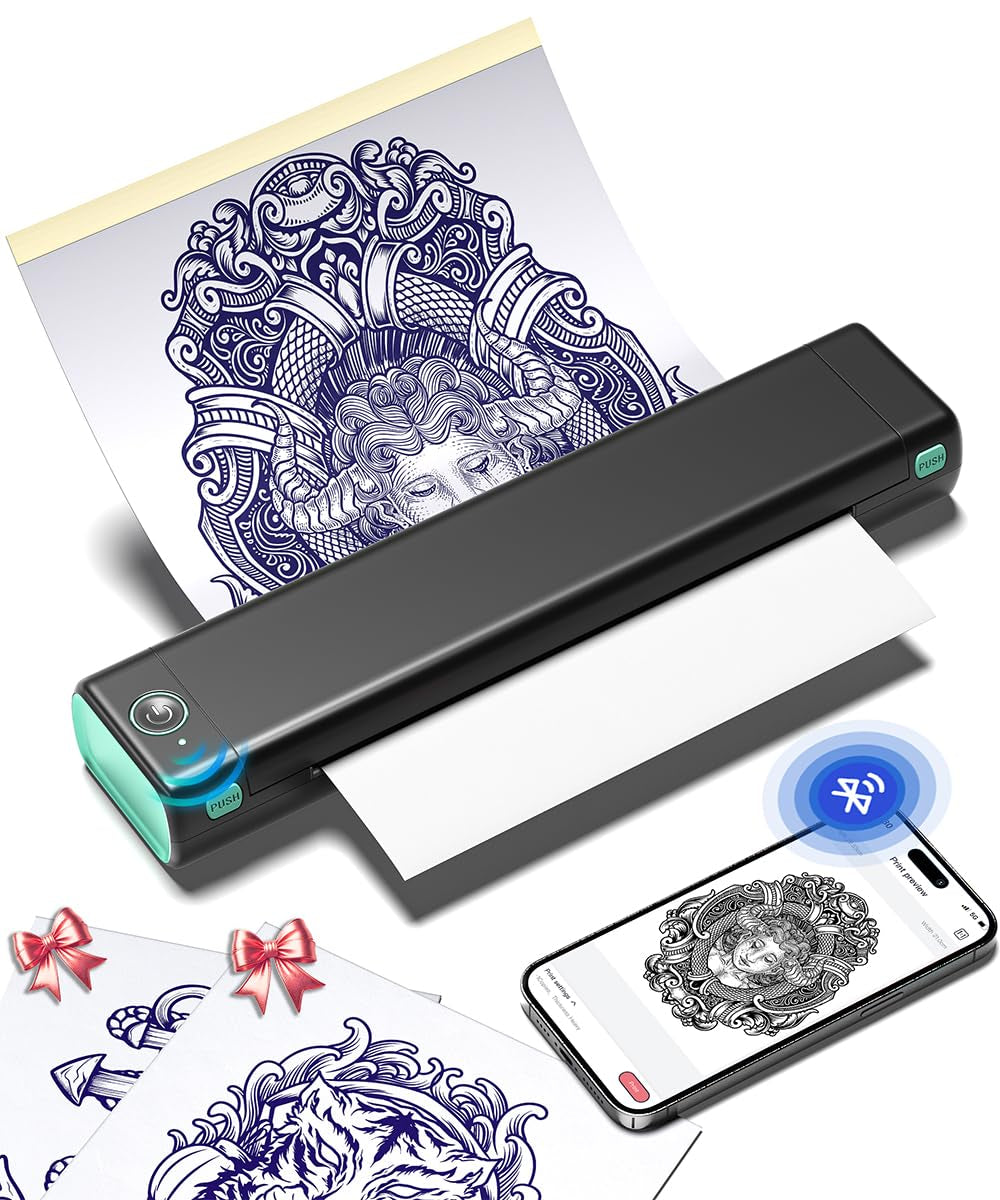 Phomemo Tattoo Stencil Printer, M08F Wireless Thermal Tattoo Printer with 10Pcs Transfer Paper, Compatible with Phone/Tablet/Pc, Tattoo Supplies for Tattoo Artists & Beginner, Black & Green