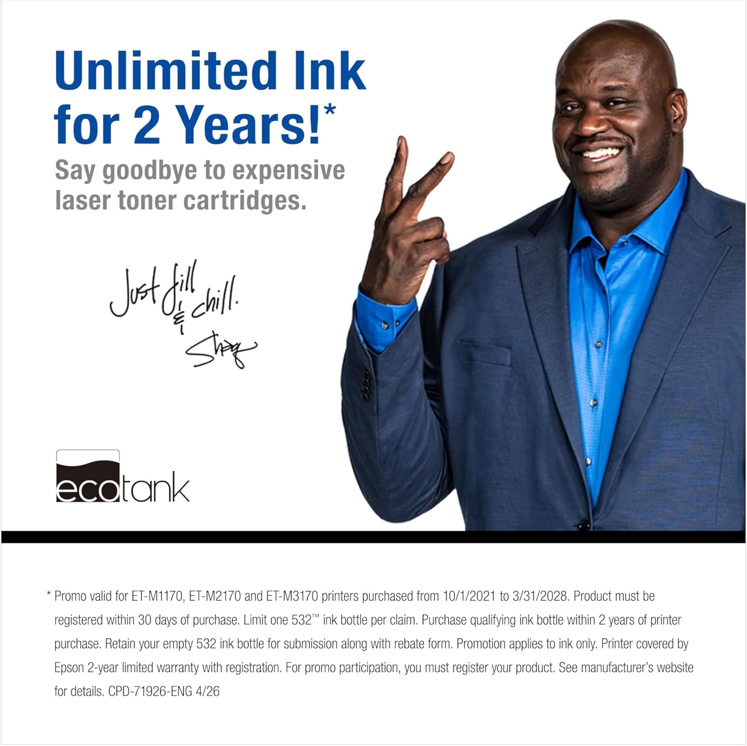Epson Ecotank ET-M1170 Wireless Monochrome Supertank Printer with Ethernet plus 2 Years of Unlimited Ink*,White