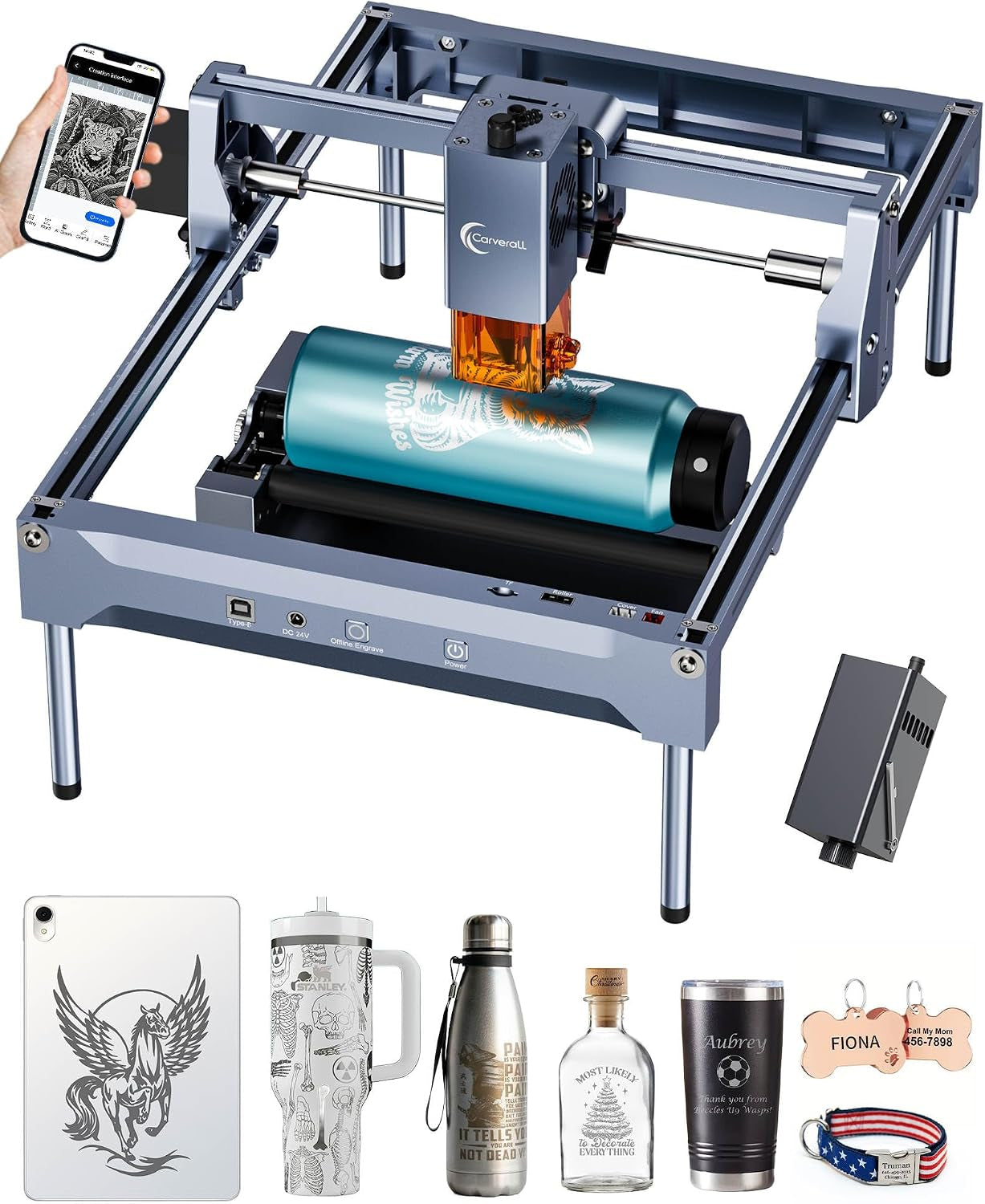 K15 Pro 10W Laser Engraver + 1W IR Module + Y-Axis Rotary Roller Bundle - 3-In-1 CNC Laser Cutter for Flat/Cylindrical/Metal/Glass, 10000Mw, Class 1