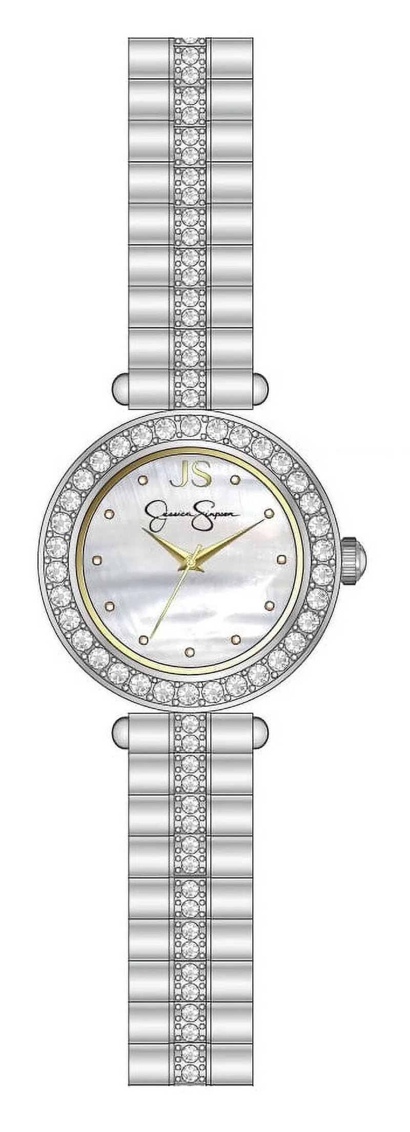 Jessica Simpson Ladies 22Mm Silver Tone Mini Mother of Pearl Dial Crystal Bezel Bracelet Watch