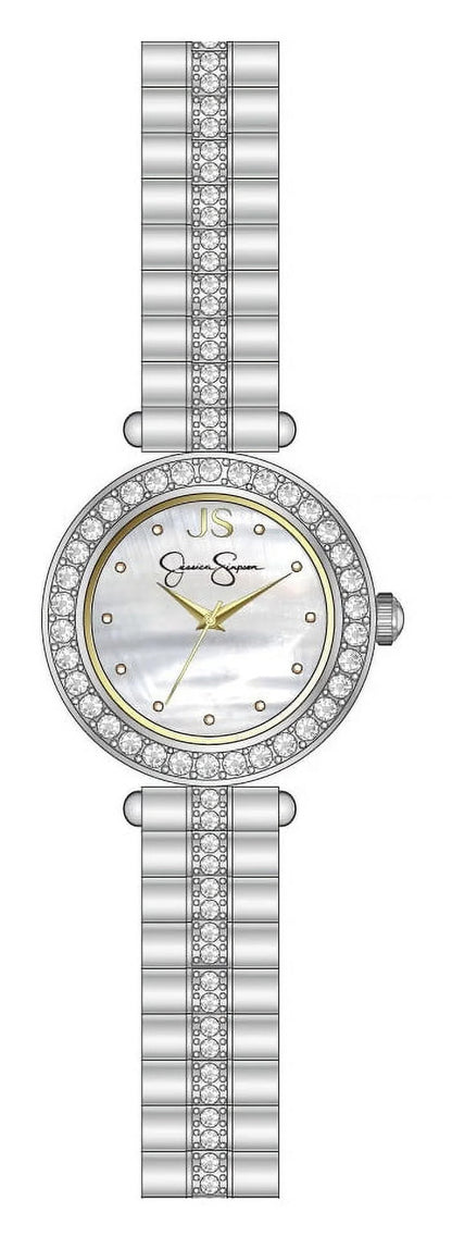 Jessica Simpson Ladies 22Mm Silver Tone Mini Mother of Pearl Dial Crystal Bezel Bracelet Watch
