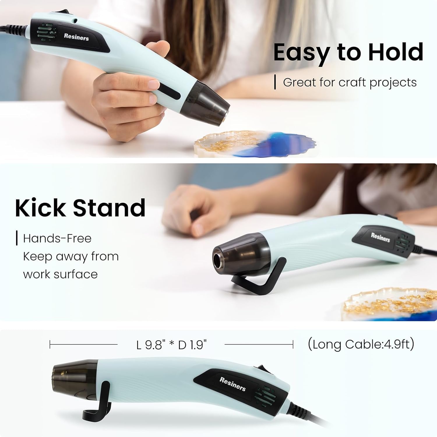 Heat Gun for Resin, 350W Fast Heating Dual Temp Heat Gun (482°F~662°F) with 3 Nozzles & 3 Silicone Covers, 4.9Ft Long Heat Gun for Bubble Remove,Vinyl Shrink Wrap,Candle Making,Epoxy Resin