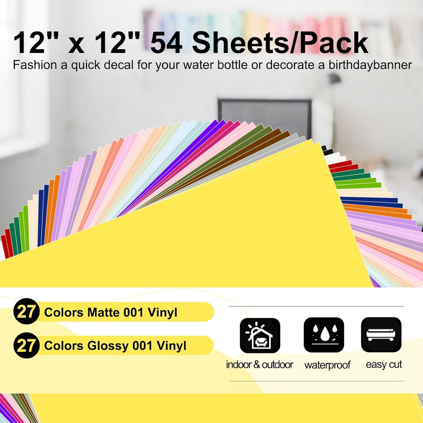 001 Permanent Adhesive Vinyl Bundle - 54Pack Vinyl Sheets (12”X12 Glossy, Matte) for Cutting Machines and Craft Cutter, DIY Craft, Car Decals, Party Decoration, Sticker