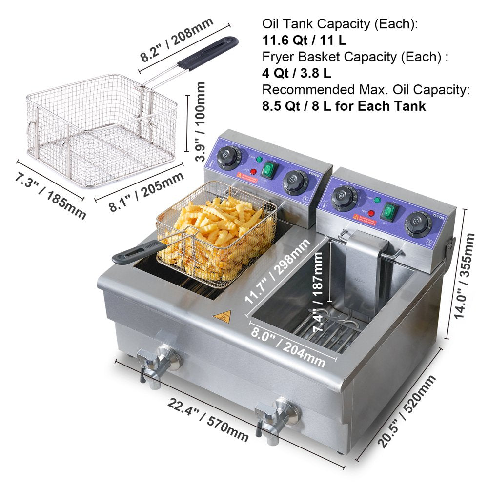 Commercial Electric Deep Fryer Countertop Deep Fryer with Dual Tanks 3000W