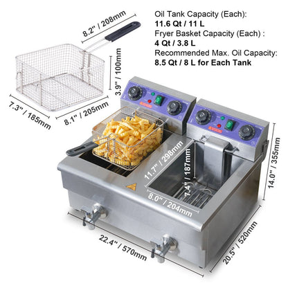 Commercial Electric Deep Fryer Countertop Deep Fryer with Dual Tanks 3000W