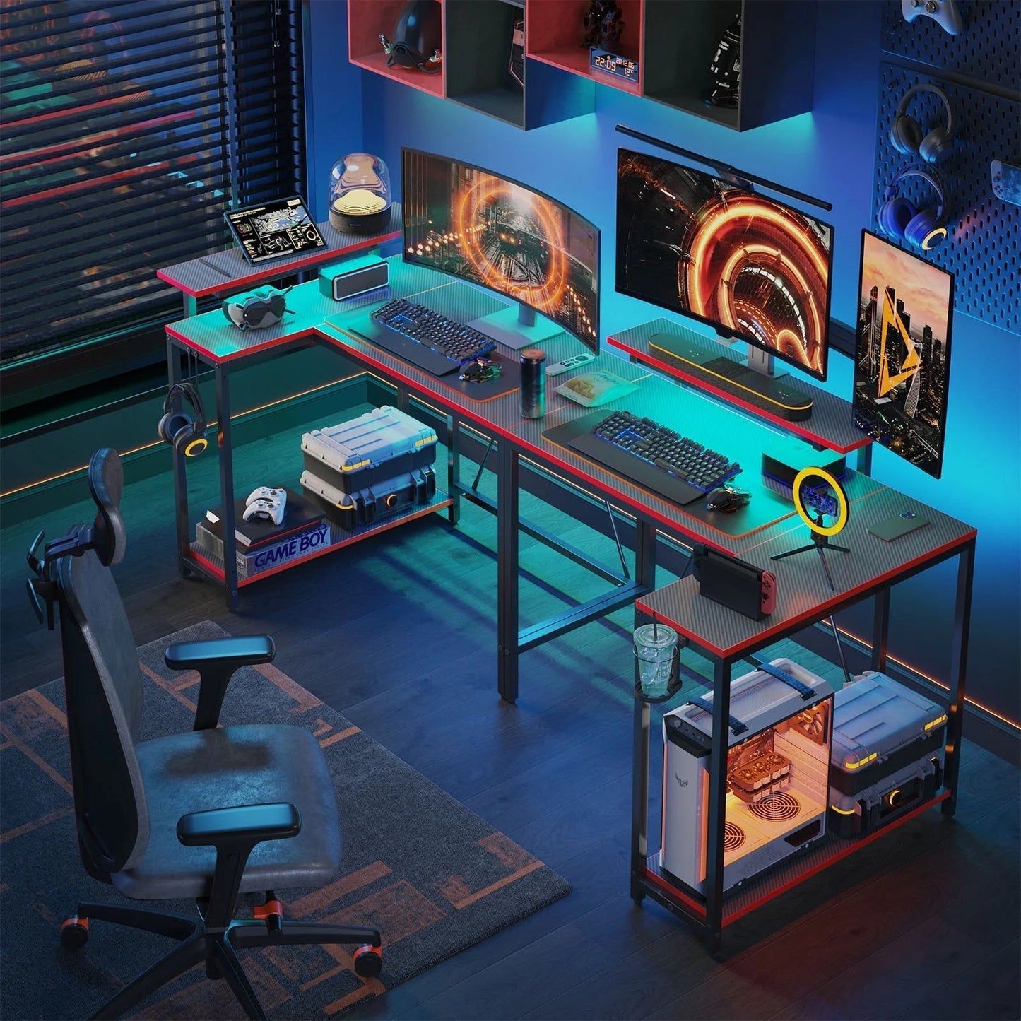42" Reversible L-Shaped Gaming Desk with Monitor Stand, LED Lights& Headset Hooks, Home Office, Carbon Fiber Black