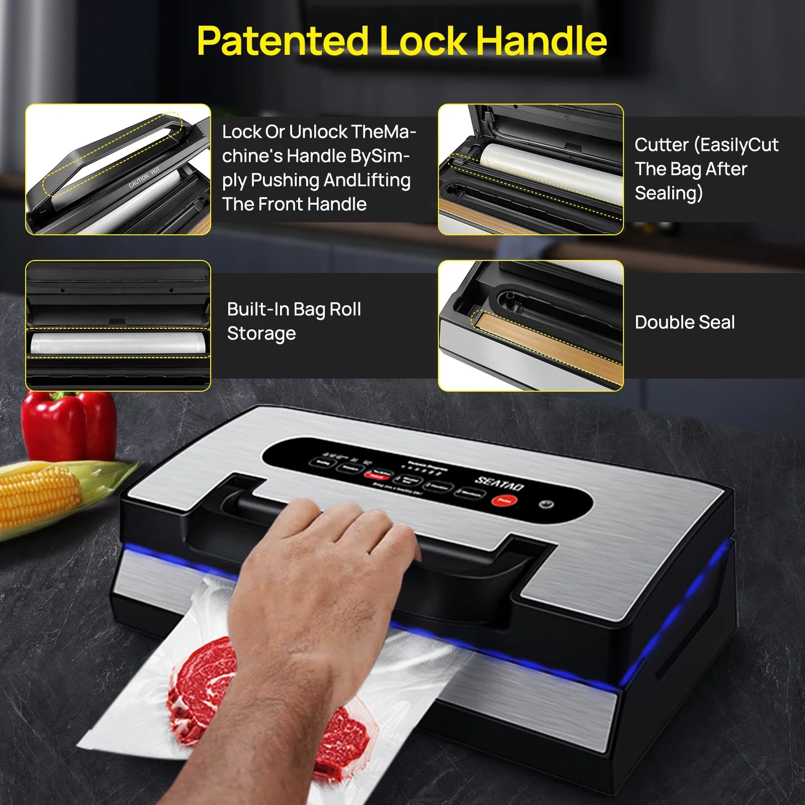 SEATAO VH5188 Vacuum Sealer, 90Kpa Multifunctional Food Vacuum Sealer, Dry , Wet , Food Three Modes