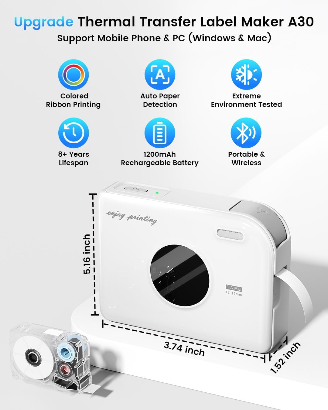 Phomemo Ribbon Printer, A30 Thermal Transfer Printing Bluetooth Wireless Portable Small Label Maker Machine with 4 Tapes, Mini Sticker Printer Rechargeable for Gift Wrapping, DIY Crafts, Father’S Day