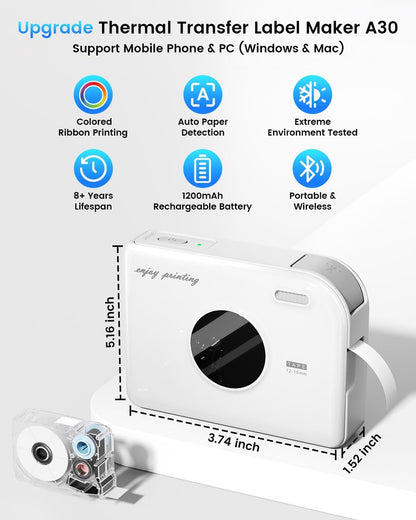 Phomemo Ribbon Printer, A30 Thermal Transfer Printing Bluetooth Wireless Portable Small Label Maker Machine with 4 Tapes, Mini Sticker Printer Rechargeable for Gift Wrapping, DIY Crafts, Father’S Day