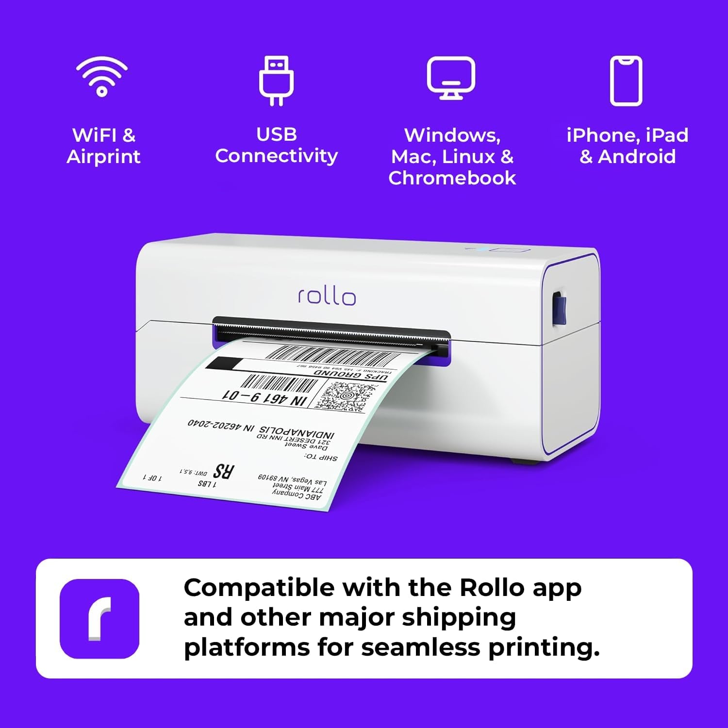 Rollo Wireless Shipping Label Printer - Wi-Fi Thermal Label Printer 4X6 for Shipping Packages - Airprint from Iphone, Ipad, Mac - Supports Windows, Chromebook, Android, Linux