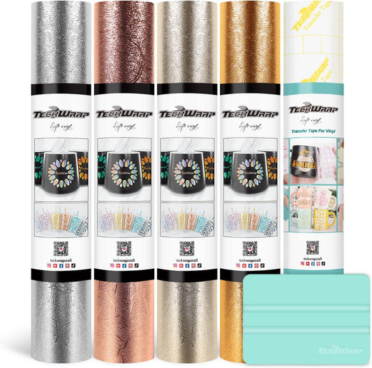 Metallic Permanent Vinyl Bundle – Textured Adhesive Foil Vinyl for Cricut & Craft Cutters, 12" X 36" Rolls (Silver, Gold, Champagne Gold, Rose Gold)