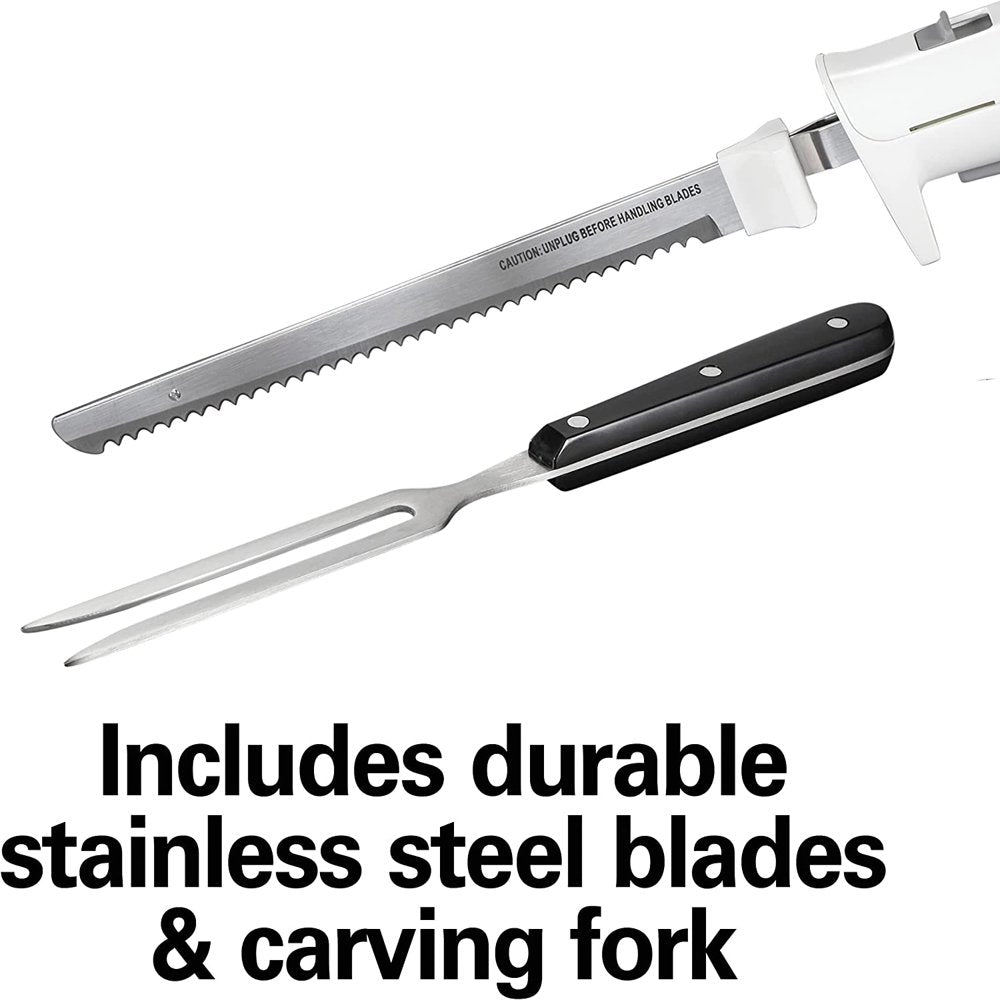 Electric Knife Set with Fork and Case, Ergonomic Design, Stainless Steel Reciprocating Blades, White, 74251