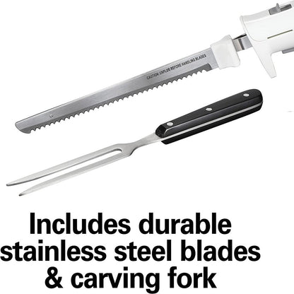 Electric Knife Set with Fork and Case, Ergonomic Design, Stainless Steel Reciprocating Blades, White, 74251