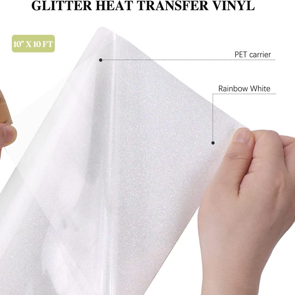 12" X 6 FT Rainbow White Glitter Heat Transfer Vinyl Glitter HTV for T-Shirts, Clothing and Textiles, Easy Transfers