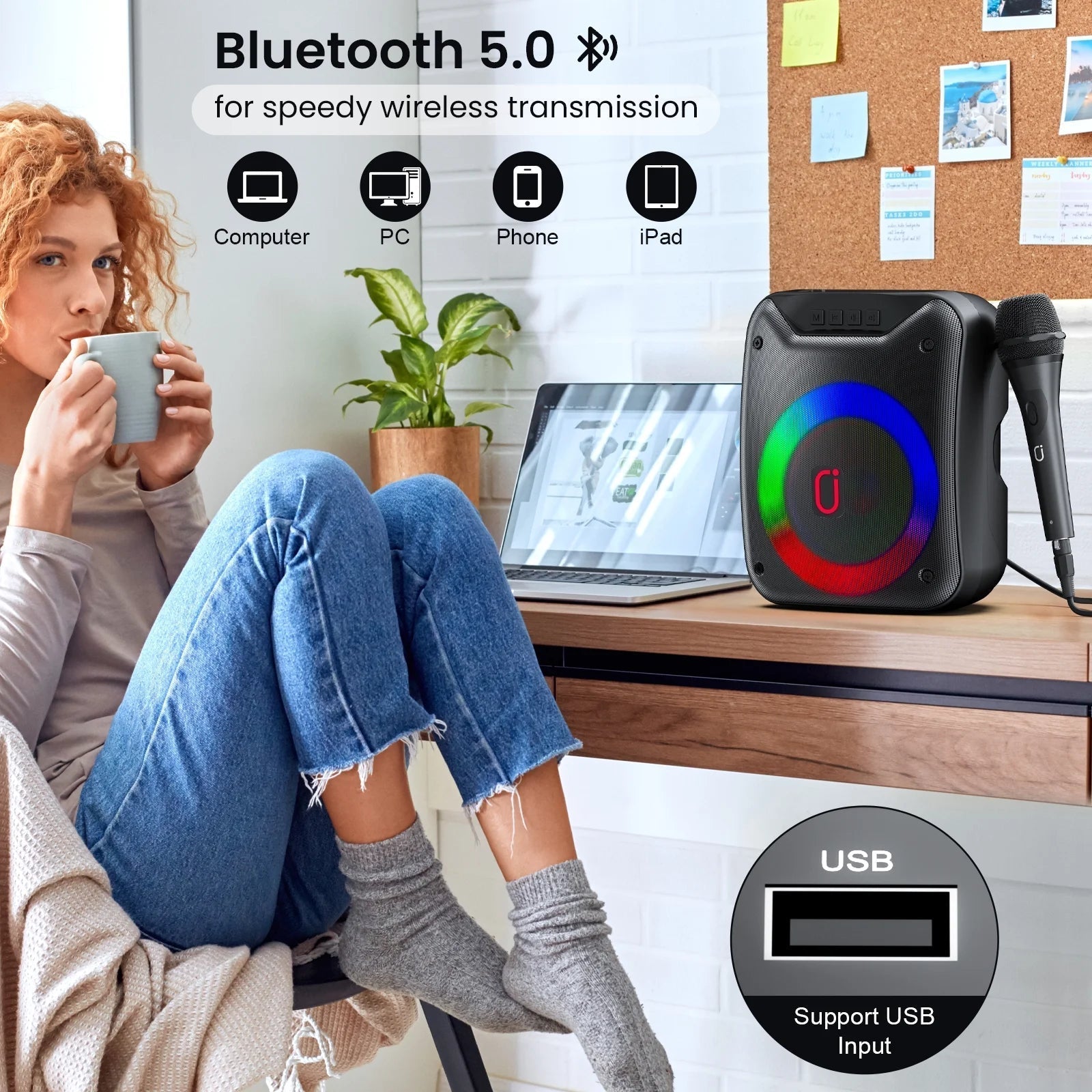 Bluetooth Speaker with Microphone, Portable Outdoor Speaker, Party Speaker with Lights, Portable PA System, D18