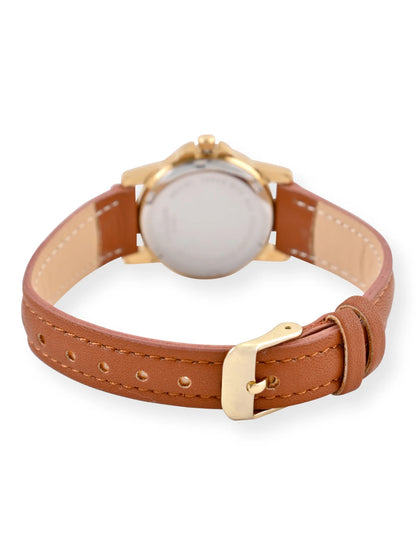 Time & Tru Ladies' Gold Tone Watch with PU Brown Strap and Date Function, 26.5 MM