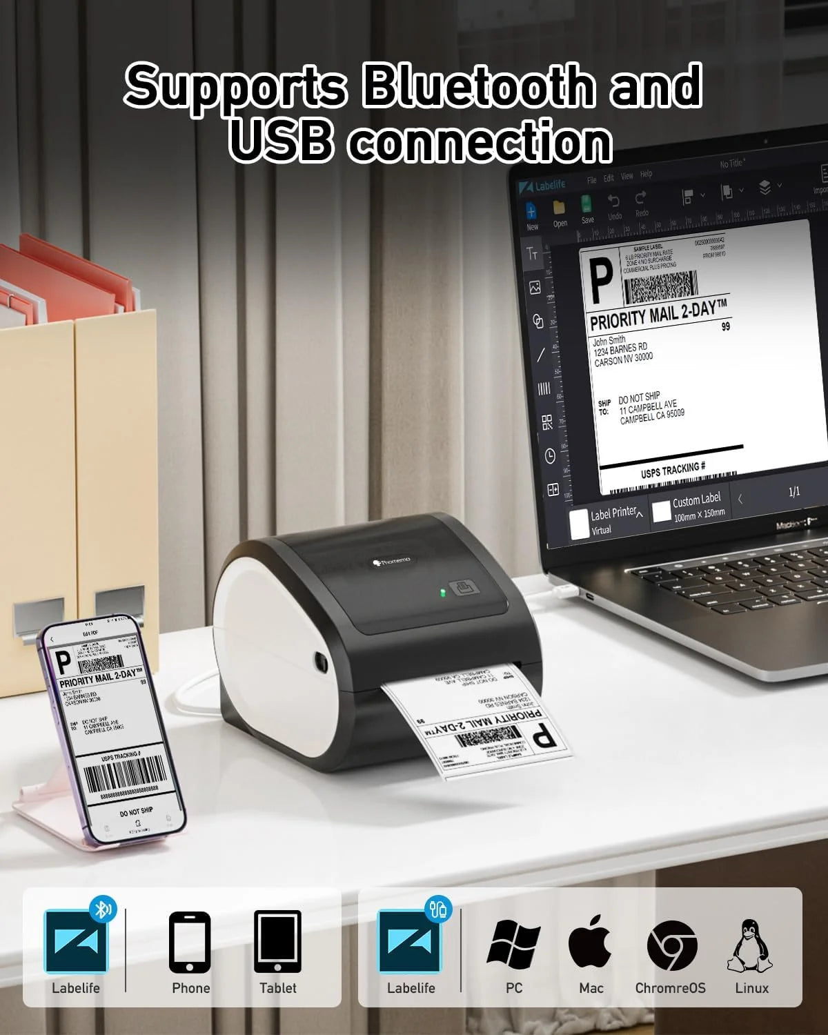 Bluetooth Thermal Label Printer 4X6 - D520BT Built-In Label Holder Wireless Thermal Printer for Small Business Shipping Packages - Compatible with USPS, Amazon, Shopify, Ebay and More(Black＆White)