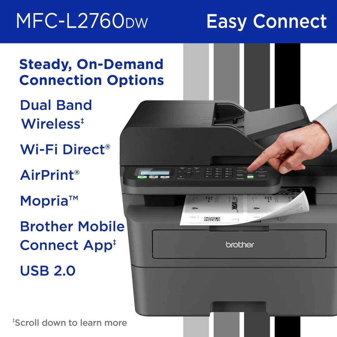 Wireless MFC-L2760DW Compact Monochrome All-In-One Laser Printer with Copy, Scan and Fax, Duplex and Mobile Printing