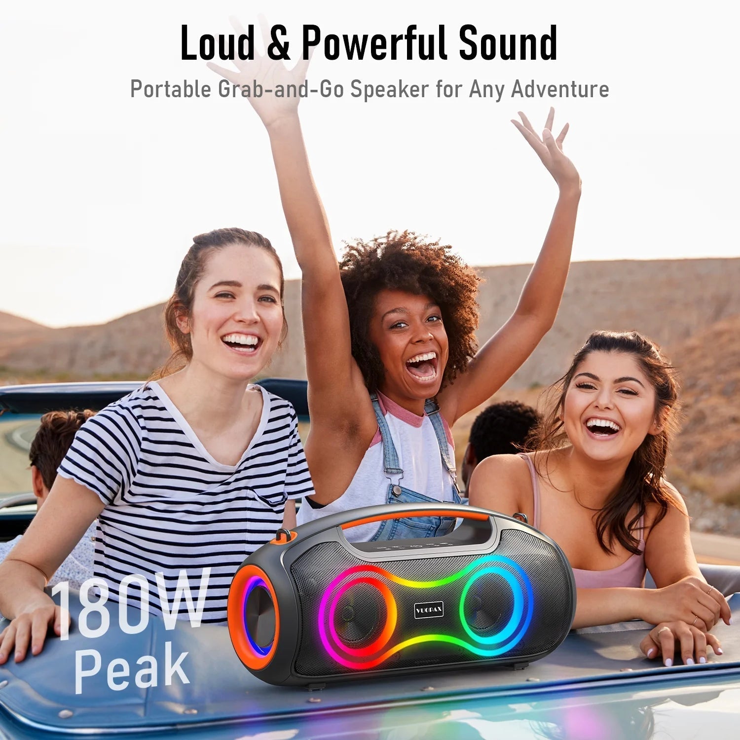 Portable Bluetooth Speaker with Bass Boost, IP65 Waterproof Outdoor Wireless Loud Speaker with Disco Dynamic Light, 180W Power and USB/AUX/TF Input for Party