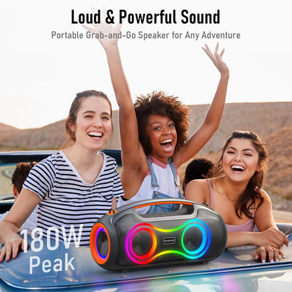 Portable Bluetooth Speaker with Bass Boost, IP65 Waterproof Outdoor Wireless Loud Speaker with Disco Dynamic Light, 180W Power and USB/AUX/TF Input for Party