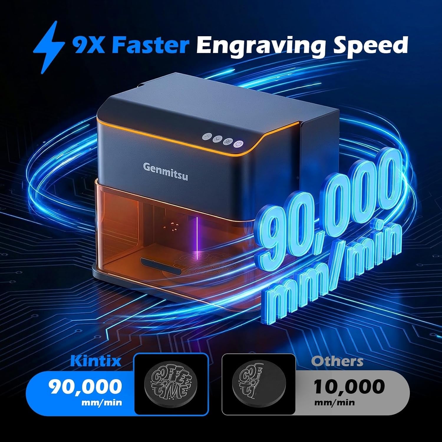 Genmitsu Kintix Laser Engraver 10W 10000Mw, 90000Mm/Min Ultra Fast Galvo Laser with Auto-Lifting, 200X100Mm Large Area for Jewelry, Metal, Wood, Compatible with Lightburn, Support APP, Class 1 Safety