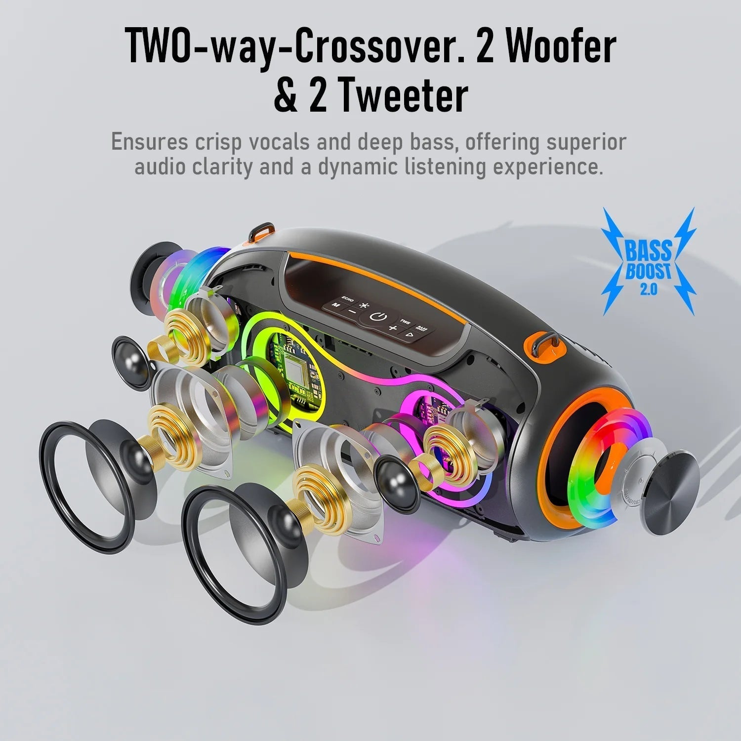 Portable Bluetooth Speaker with Bass Boost, IP65 Waterproof Outdoor Wireless Loud Speaker with Disco Dynamic Light, 180W Power and USB/AUX/TF Input for Party