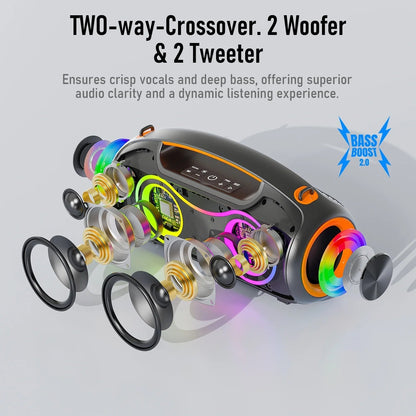 Portable Bluetooth Speaker with Bass Boost, IP65 Waterproof Outdoor Wireless Loud Speaker with Disco Dynamic Light, 180W Power and USB/AUX/TF Input for Party