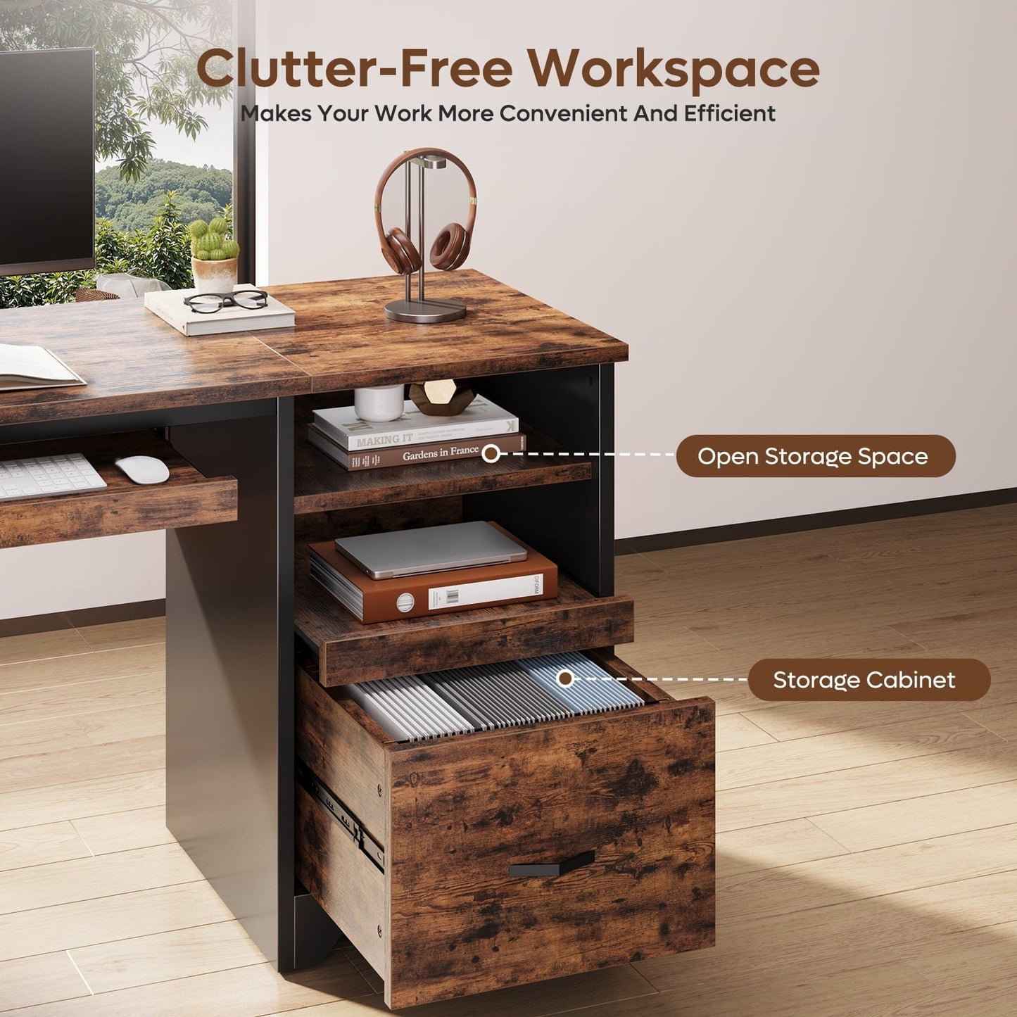 47 Inch Computer Desk with Storage File Drawer & Keyboard Tray, Home Office Writing Desk Work Study Table for Small Space, Rustic Brown