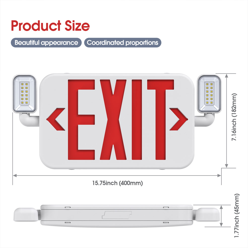 Led Combo Emergency Exit Sign Light with Two Adjustable Head Backup Battery,Us Standard Red Letter Commercial,Ul 924,AC120/277V(1 Pack)