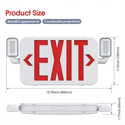 Led Combo Emergency Exit Sign Light with Two Adjustable Head Backup Battery,Us Standard Red Letter Commercial,Ul 924,AC120/277V(1 Pack)