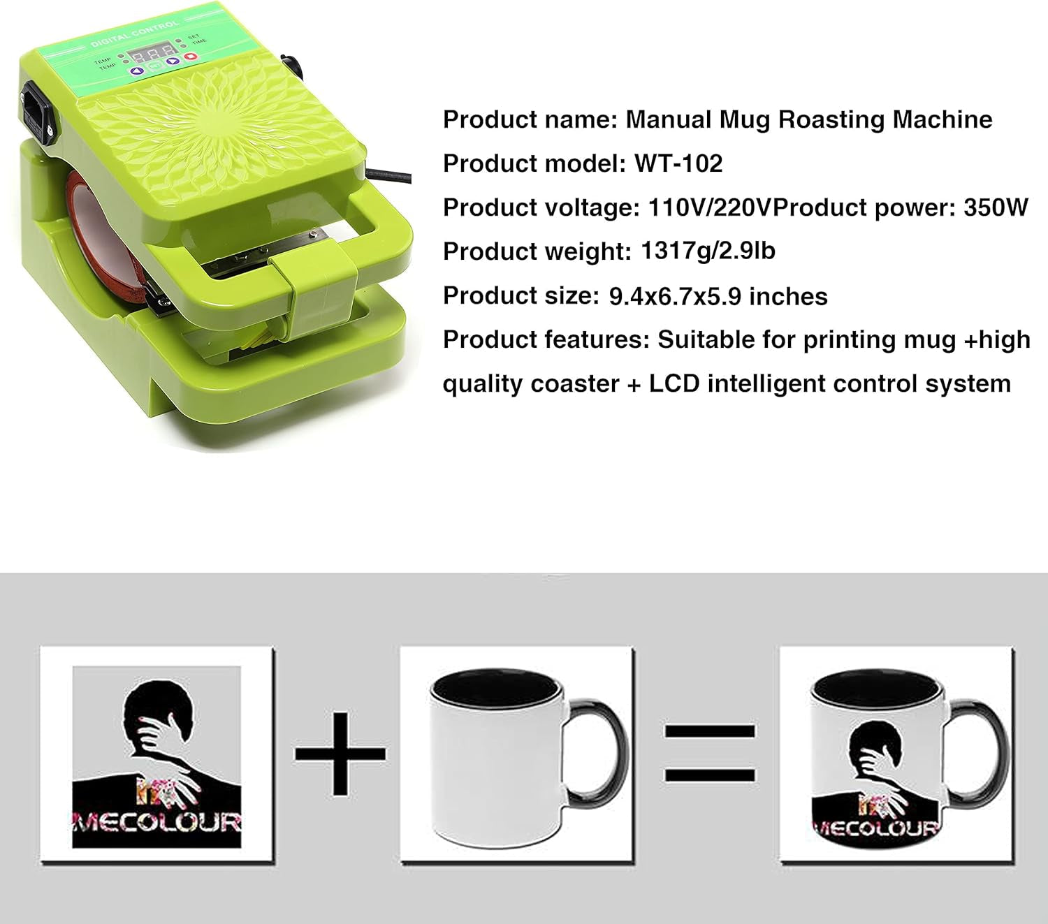 Mug Heat Press - 9.5 in Manual Mug Roasting Machine, WT-102 Mug Coffee Cup Heat Transfer Sublimation Heat Press Machine, DIY Coffee Cup