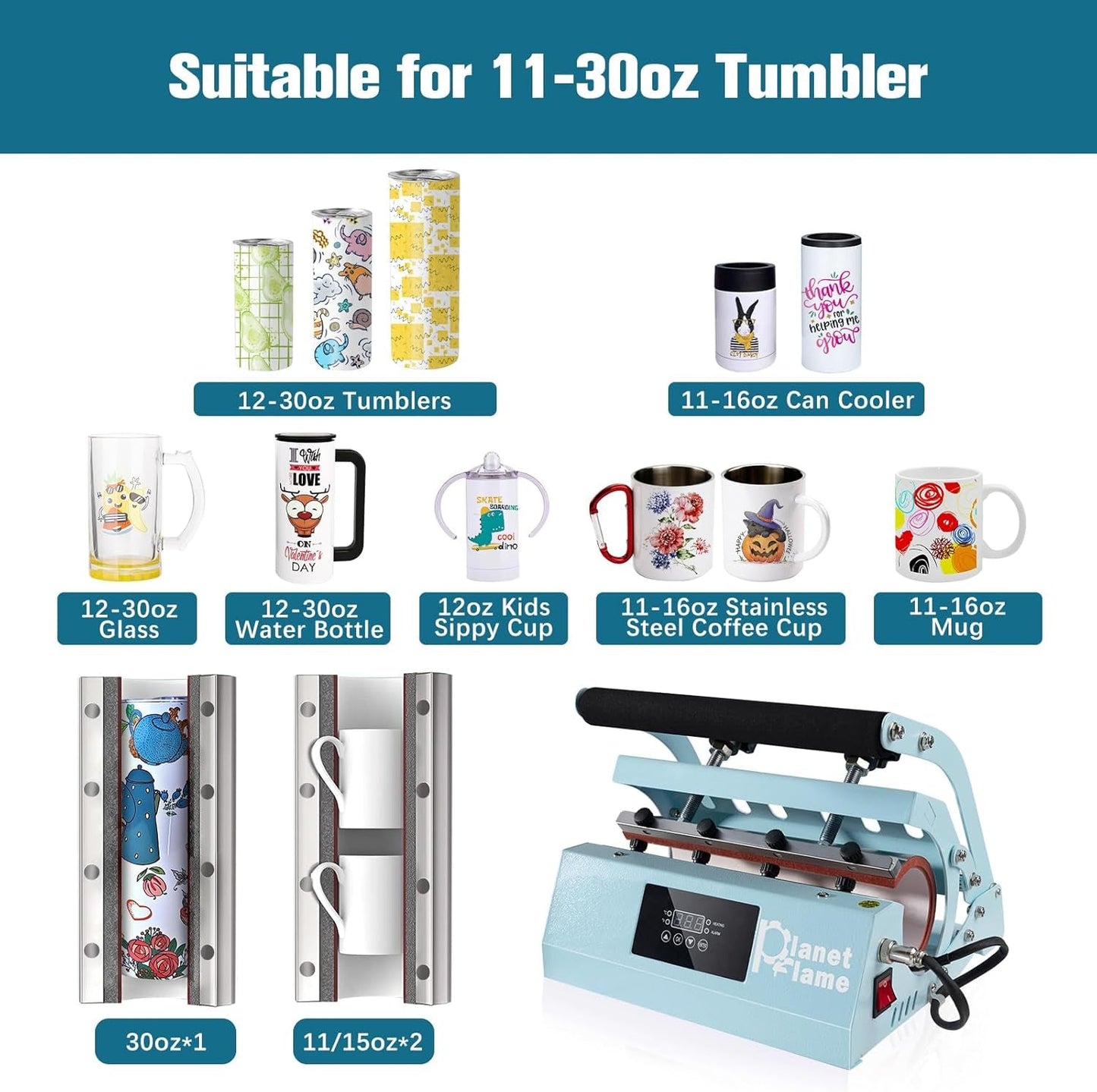 Tumbler and Hat Heat Press Machine, 2-In-1 Combo Machine for Cup and Cap with Gloves and High Temp Heat Resistant Tape for 11Oz-30Oz Sublimation Tumbler and All Caps, Blue