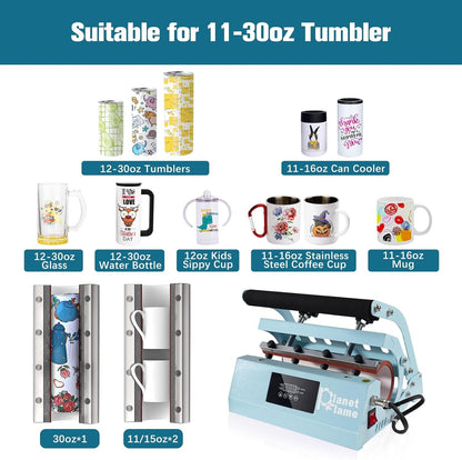 Tumbler and Hat Heat Press Machine, 2-In-1 Combo Machine for Cup and Cap with Gloves and High Temp Heat Resistant Tape for 11Oz-30Oz Sublimation Tumbler and All Caps, Blue