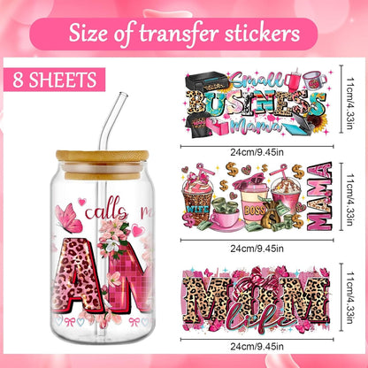Mama UVDTF Cup Wrap - 8 Sheets Mom UV DTF Wraps for 16 Oz, Leopard Print UV DTF Stickers for Water Botters Glass Cups, Pink Coffee Bow Rub on Transfer Decals for Women