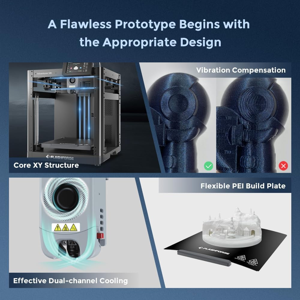 FLASHFORGE AD5M 3D Printer Fully Auto Calibration Print with 1-Click Max 600Mm/S Speed, All-Metal Corexy Structure Precise Printing, Easy-Maintenance Quick-Swap Nozzle, Print Size 220X220X220Mm