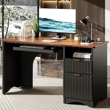 55" Computer Writing PC Desk Home Office with Power Outlets Keyboard Tray and Storage Drawers, Black