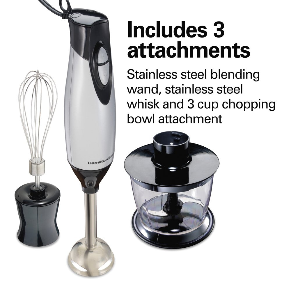 4-In-1 Electric Immersion Hand Blender with Blending Wand, Whisk, and 3 Cup Food Chopping Bowl, Silver, 59765