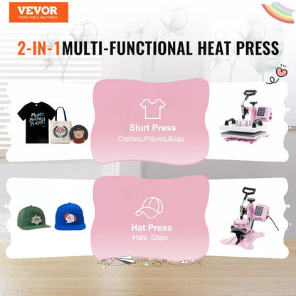 VEVOR Heat Press Machine 2IN1 12x10 inch with Hat Press for T-Shirts Caps Pink