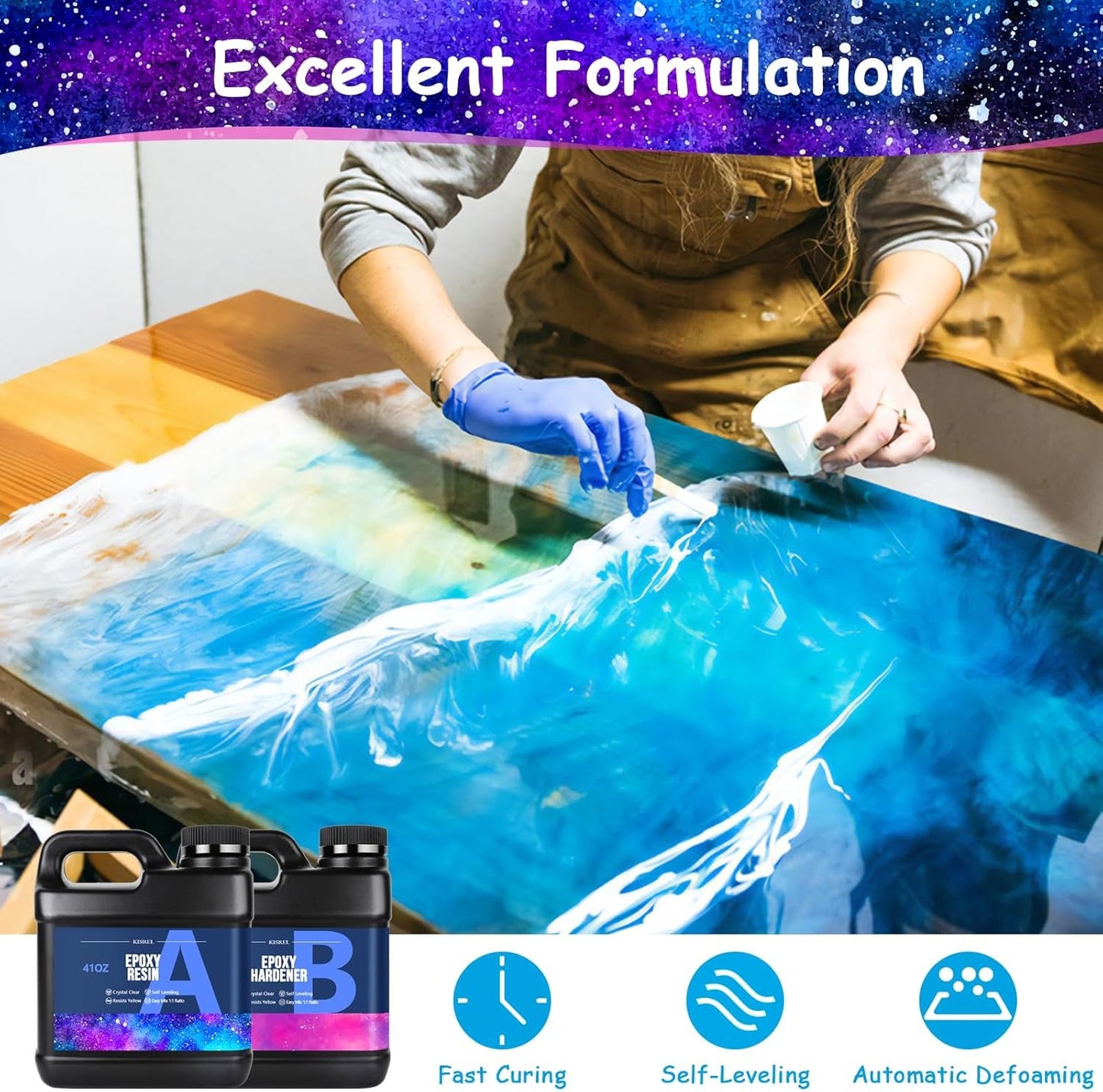 KISREL Epoxy Resin 82Oz - Clear Epoxy Resin Kit with 15 Pigments and 15 Colors of Mica Powders - No Yellowing No Bubble Casting Resina for Art Crafts, Jewelry Making, Wood & Resina Molds(41Oz X 2)