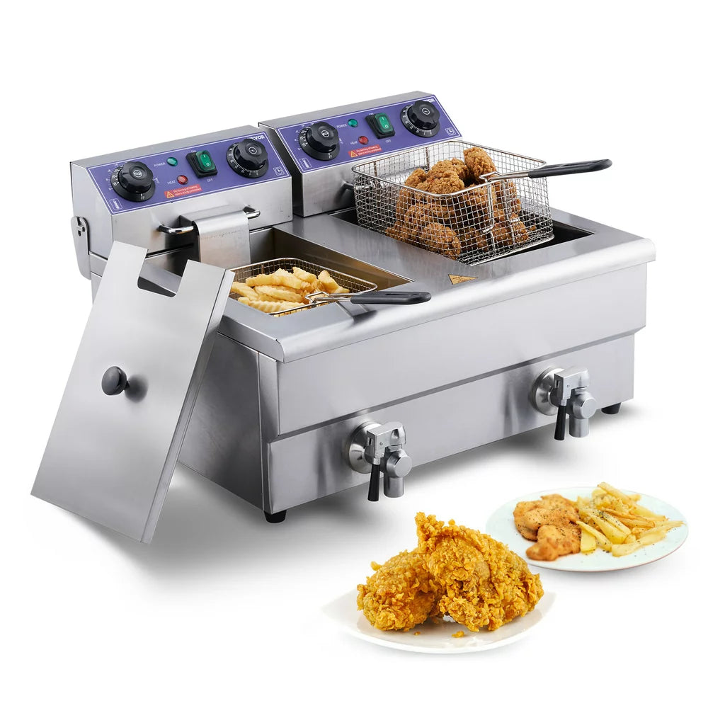 Commercial Electric Deep Fryer Countertop Deep Fryer with Dual Tanks 3000W