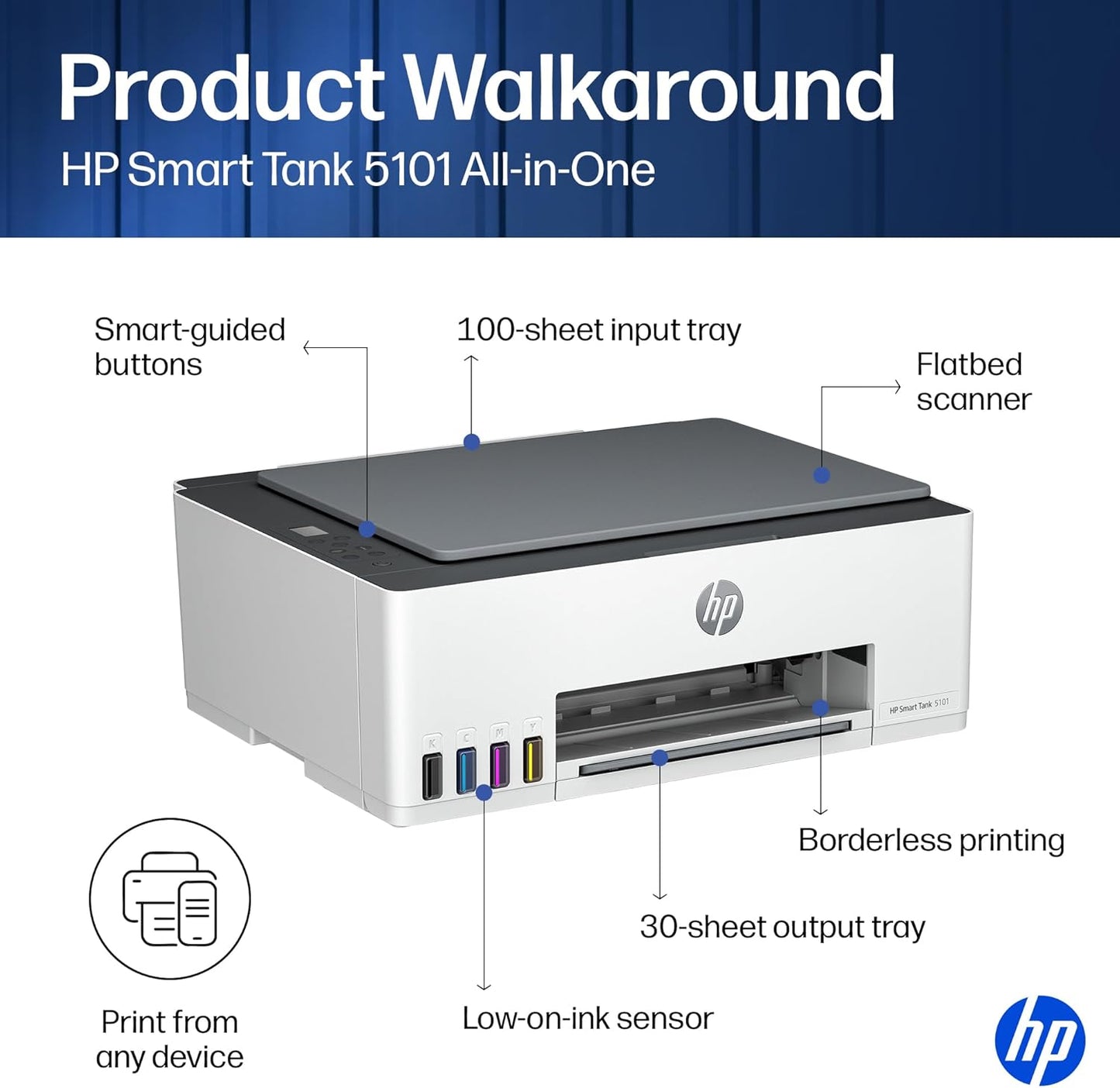 HP Smart Tank 5101 Wireless All-In-One Refillable Printer, Scanner, Copier with 2 Years of Ink Included, Wireless (2.4Ghz Only) Printer-For-Home Use (1F3Y0A)