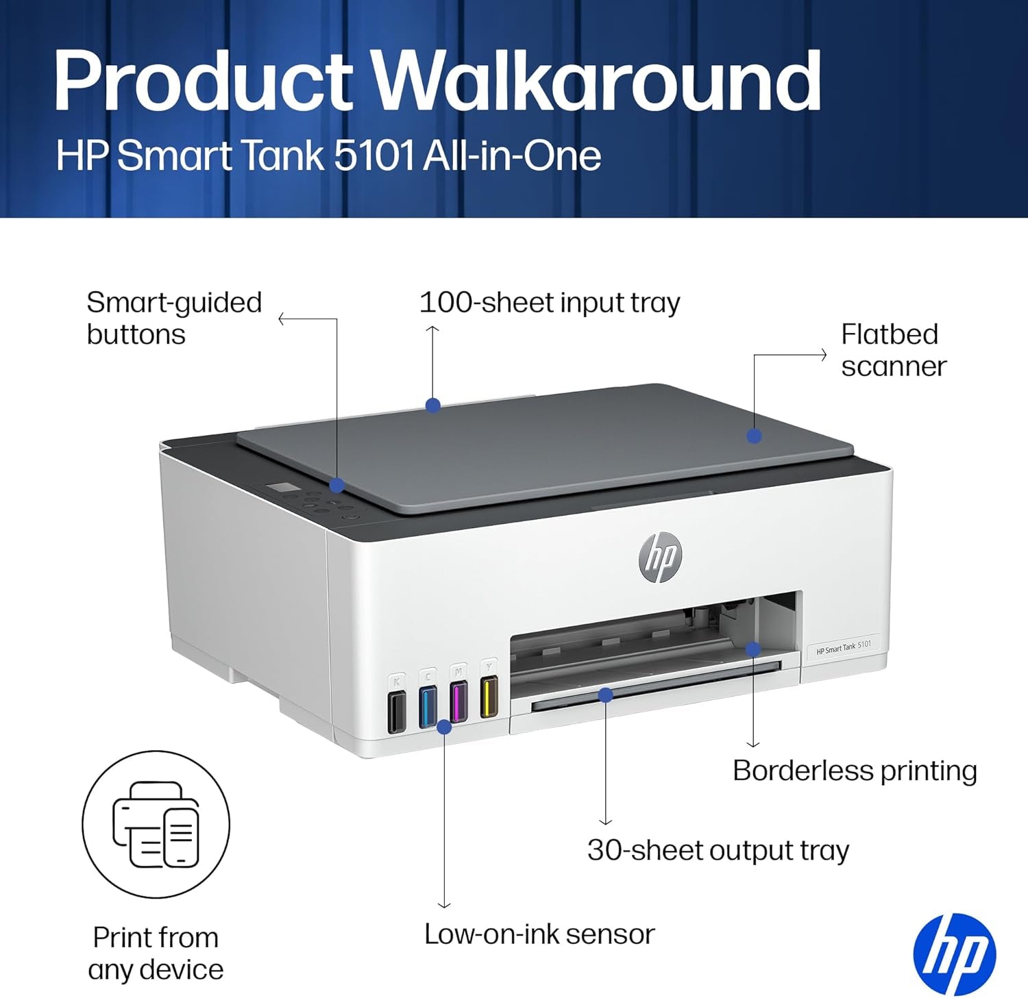 HP Smart Tank 5101 Wireless All-In-One Refillable Printer, Scanner, Copier with 2 Years of Ink Included, Wireless (2.4Ghz Only) Printer-For-Home Use (1F3Y0A)