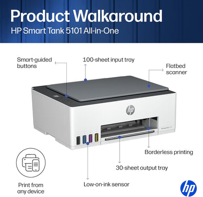 HP Smart Tank 5101 Wireless All-In-One Refillable Printer, Scanner, Copier with 2 Years of Ink Included, Wireless (2.4Ghz Only) Printer-For-Home Use (1F3Y0A)