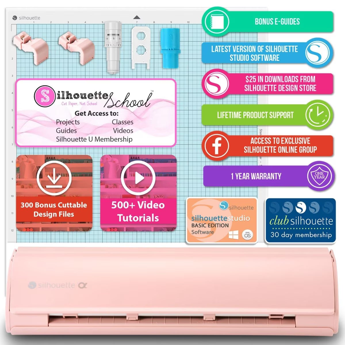 Silhouette Pink Cameo 5Α Alpha W/ 64 Oracal Vinyl Sheets, Blades, Tools, Guides