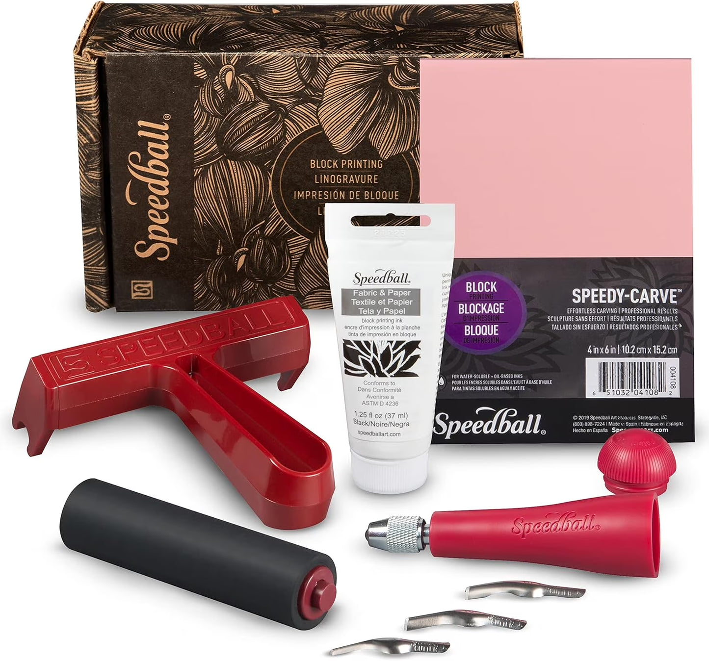 Block Printing Fabric Starter Kit, 7 Pieces – Includes Ink, Hard Brayer, Lino Handle and Cutters, Speedy-Carve Relief Carving Rubber