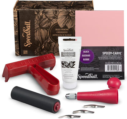 Block Printing Fabric Starter Kit, 7 Pieces – Includes Ink, Hard Brayer, Lino Handle and Cutters, Speedy-Carve Relief Carving Rubber