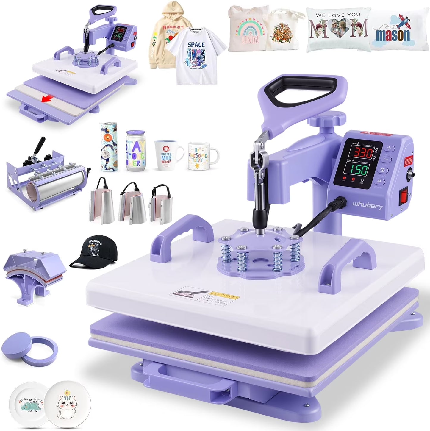 Adnoom Heat Press 15X15, 8 in 1 Multifunctional Shirt Press Machine Combo, 360° Swing Away Sublimation Heat Transfer with LED Display for T-Shirts Mugs Hat Plate Cap