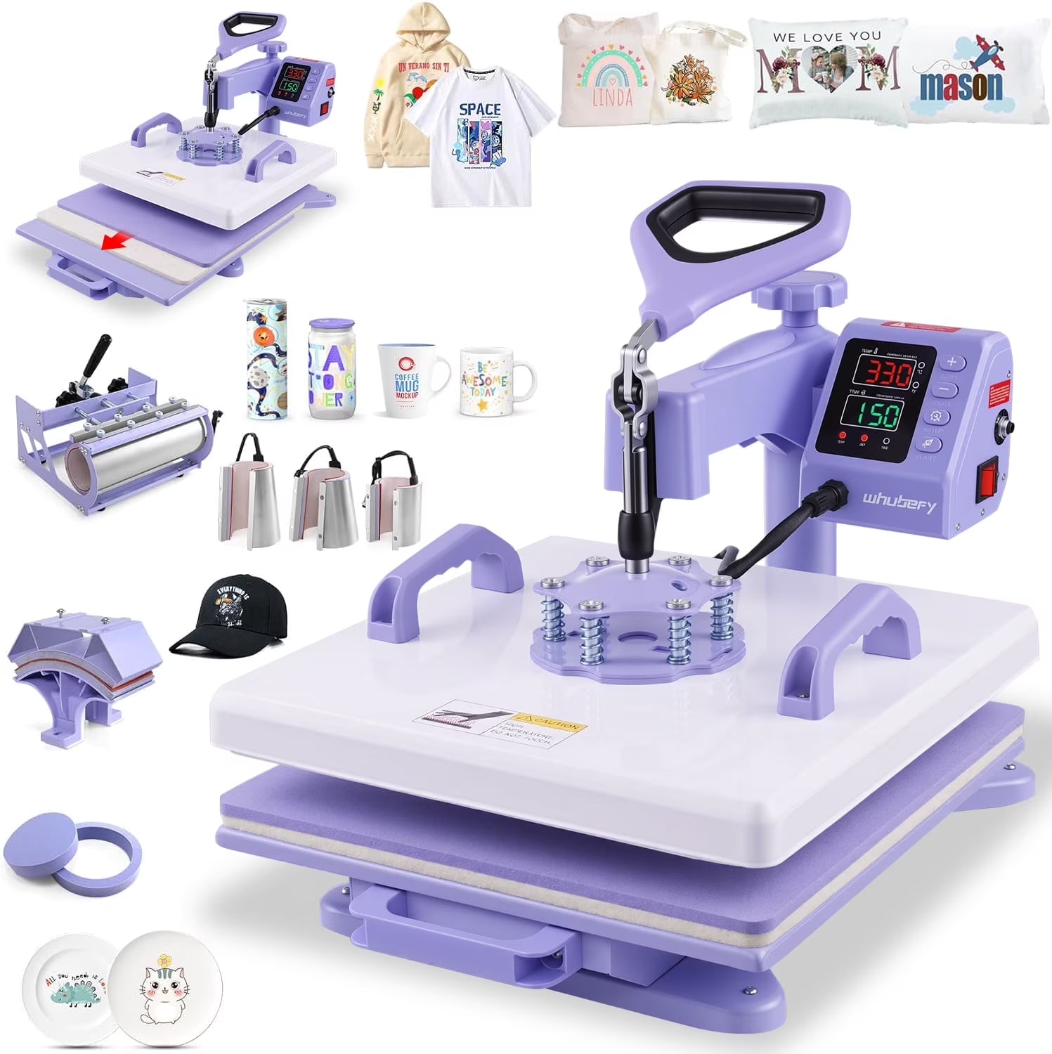 Adnoom Heat Press 15X15, 8 in 1 Multifunctional Shirt Press Machine Combo, 360° Swing Away Sublimation Heat Transfer with LED Display for T-Shirts Mugs Hat Plate Cap