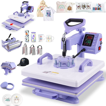 Adnoom Heat Press 15X15, 8 in 1 Multifunctional Shirt Press Machine Combo, 360° Swing Away Sublimation Heat Transfer with LED Display for T-Shirts Mugs Hat Plate Cap